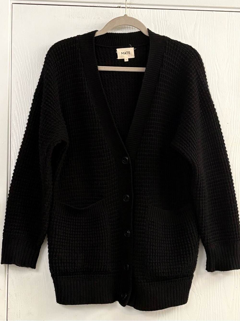 MATE Black Waffle Knit Button-Front Oversized Cardigan Sweater Size XS